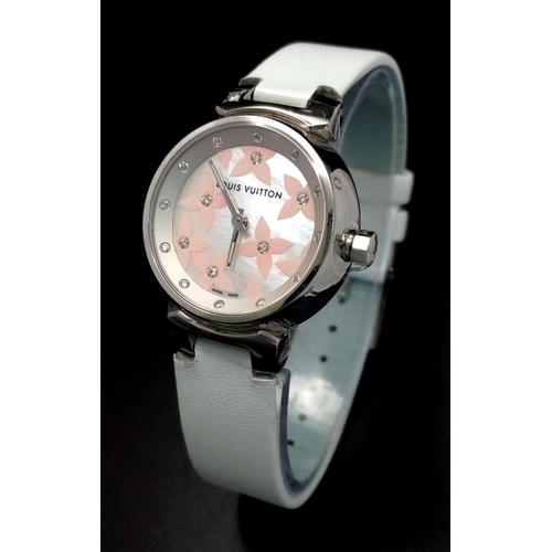 206 - A LOUIS VUITTON LADIES WATCH IN STAINLESS STEEL WITH DIAMOND NUMERALS AND DECORATION .    28mm