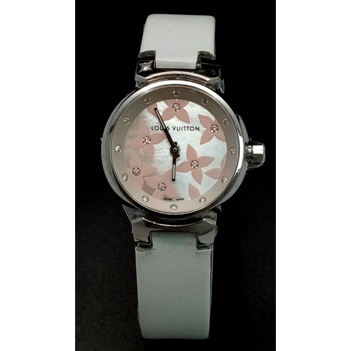 206 - A LOUIS VUITTON LADIES WATCH IN STAINLESS STEEL WITH DIAMOND NUMERALS AND DECORATION .    28mm