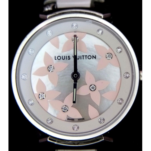 206 - A LOUIS VUITTON LADIES WATCH IN STAINLESS STEEL WITH DIAMOND NUMERALS AND DECORATION .    28mm