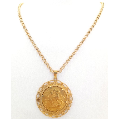 23 - A VICTORIAN FULL SOVEREIGN DATED 1900 SET IN 9K GOLD AND ON A 58cms 9K GOLD BELCHER CHAIN .   22 7gm... 