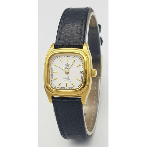 315 - Ladies genuine ROYAL LONDON QUARTZ WRISTWATCH. Gold plated model 2171. Square face with sweeping sec... 