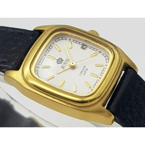 315 - Ladies genuine ROYAL LONDON QUARTZ WRISTWATCH. Gold plated model 2171. Square face with sweeping sec... 