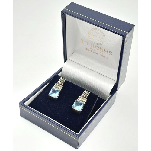 476 - Beautiful vintage pair of SILVER and SWISS BLUE TOPAZ EARRINGS. Having Silver Marcasite detail with ... 