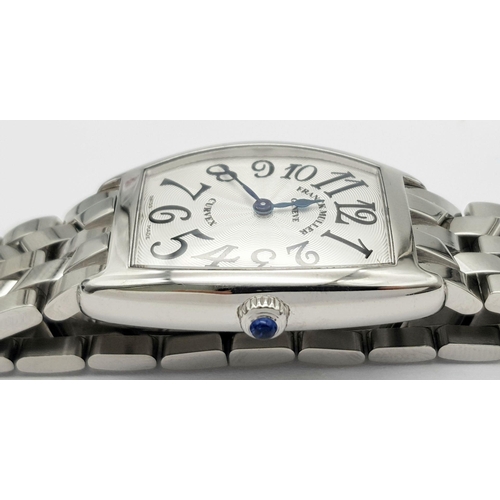 59 - AN UNWORN FRANCK MULLER LADIES WATCH IN STAINLESS STEEL , CURVEX STYLE WITH STEEL STRAP .   25 X 28m... 