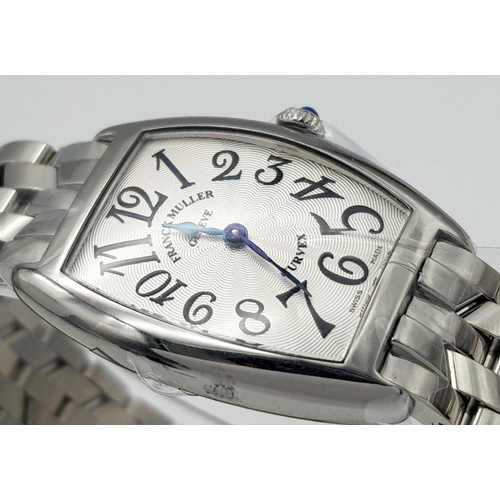 59 - AN UNWORN FRANCK MULLER LADIES WATCH IN STAINLESS STEEL , CURVEX STYLE WITH STEEL STRAP .   25 X 28m... 