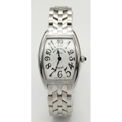 59 - AN UNWORN FRANCK MULLER LADIES WATCH IN STAINLESS STEEL , CURVEX STYLE WITH STEEL STRAP .   25 X 28m... 