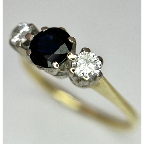 60 - AN 18K Yellow Gold Sapphire and Diamond Trilogy Ring. Size N - O. 3.3g total weight.