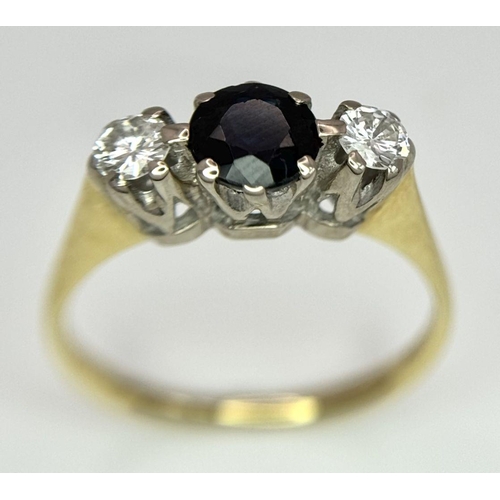 60 - AN 18K Yellow Gold Sapphire and Diamond Trilogy Ring. Size N - O. 3.3g total weight.