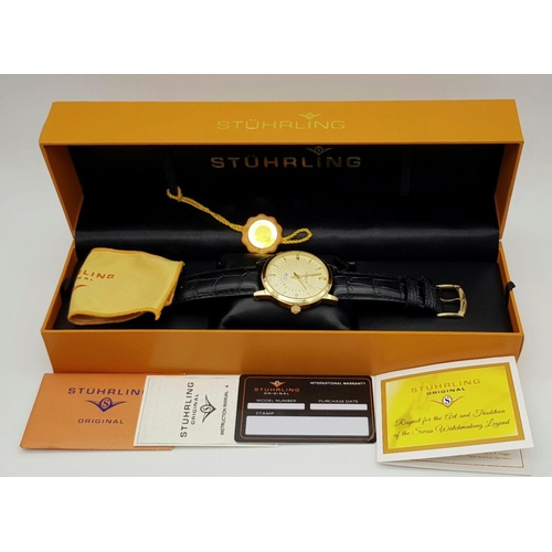 7 - Genuine STUHRLING of NEW YORK Quartz Wristwatch. Gold plated Day/Date model. Having large circular f... 