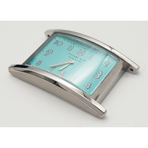 73 - A TIFFANY & CO STAINLESS STEEL LADIES WATCH IN LANDSCAPE  STYLE  , WITH STUNNING BLUE DIAL COMPLETE ... 