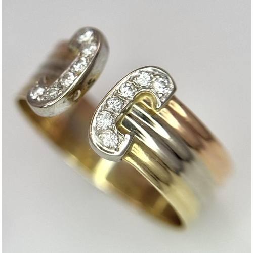 81 - An 18K Tri-Colour Gold Diamond Dress Ring. Size Q/R. 3.8g total weight.