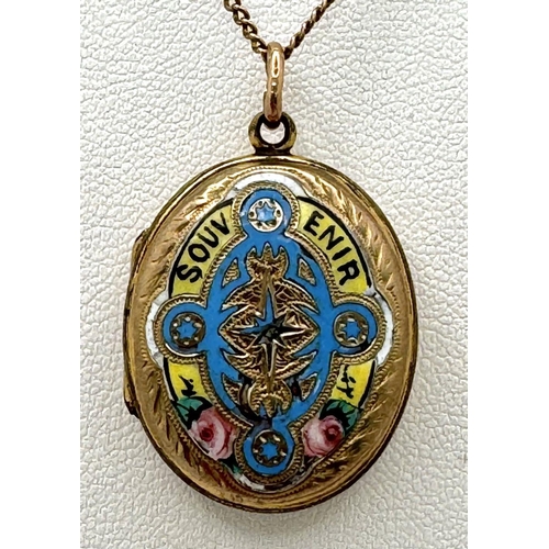 85 - A VINTAGE SOUVENIR ENAMALLED LOCKET ON A 9K GOLD CHAIN . 10gms