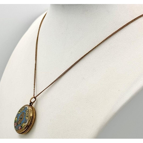 85 - A VINTAGE SOUVENIR ENAMALLED LOCKET ON A 9K GOLD CHAIN . 10gms