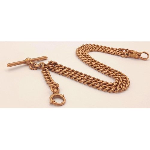 9 - AN ANTIQUE 9K ROSE GOLD WATCH CHAIN WITH T-BAR AND 2 ALBERT CHAINS .     44.7gms