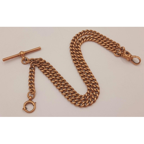 9 - AN ANTIQUE 9K ROSE GOLD WATCH CHAIN WITH T-BAR AND 2 ALBERT CHAINS .     44.7gms