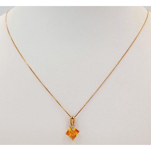 98 - Orange Carnelian Pendant set in 10 carat GOLD and mounted on fine 9 carat GOLD Box Chain. 1.73 grams... 