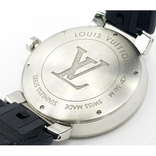 155 - A LOUIS VUITTON OVERSIZED UNISEX CELEBRATION WATCH IN STAINLESS STEEL WITH STRIPED DIAL , QUARTZ MOV... 