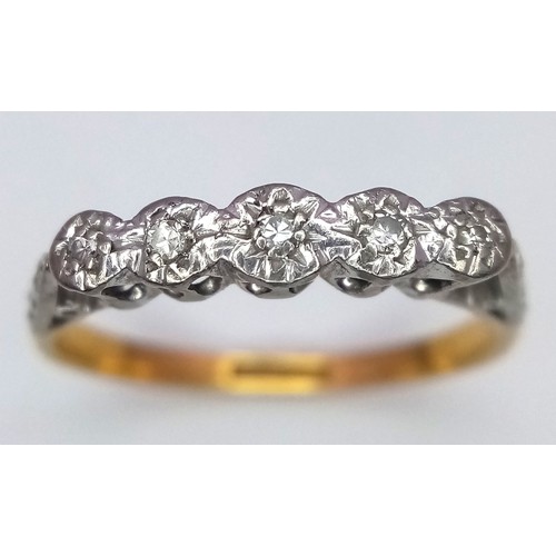 129 - A Vintage 18K Yellow Gold and Platinum Five Stone Diamond Ring. Size M. 2.35g total weight.