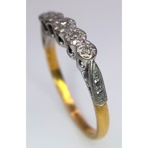 129 - A Vintage 18K Yellow Gold and Platinum Five Stone Diamond Ring. Size M. 2.35g total weight.