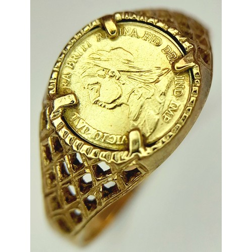 122 - A Vintage 9K Yellow Gold Ring with Small Queen Victoria Coin Centre. 1.5g weight. Size M.