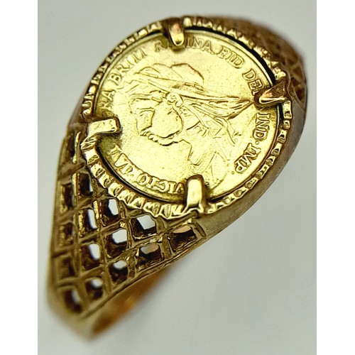 122 - A Vintage 9K Yellow Gold Ring with Small Queen Victoria Coin Centre. 1.5g weight. Size M.