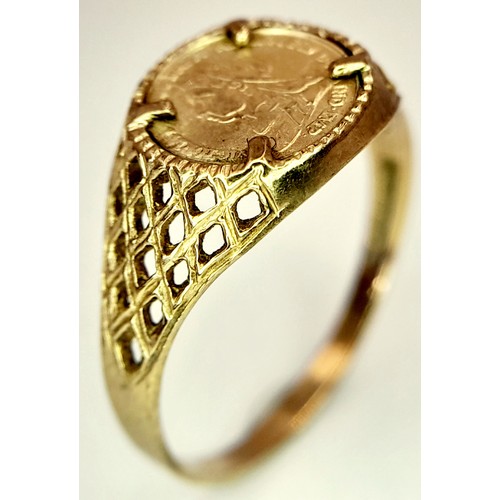 122 - A Vintage 9K Yellow Gold Ring with Small Queen Victoria Coin Centre. 1.5g weight. Size M.