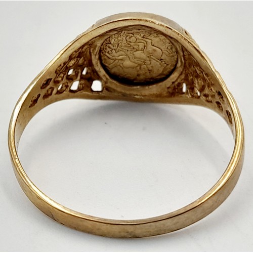 122 - A Vintage 9K Yellow Gold Ring with Small Queen Victoria Coin Centre. 1.5g weight. Size M.