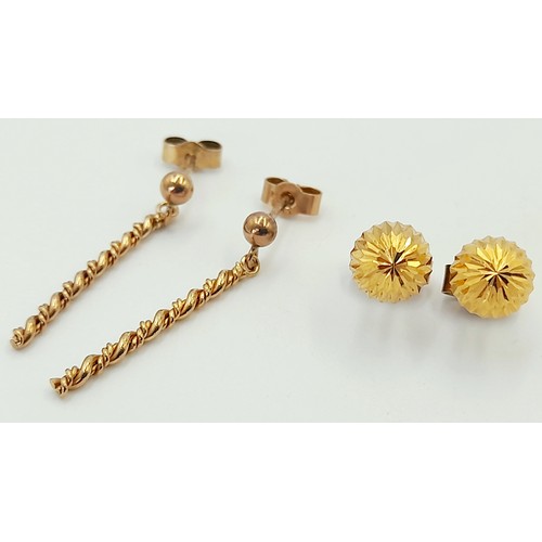 269 - Two Different Style Pairs of 9K Yellow Gold Earrings - Drop and stud. 1.6g total weight.