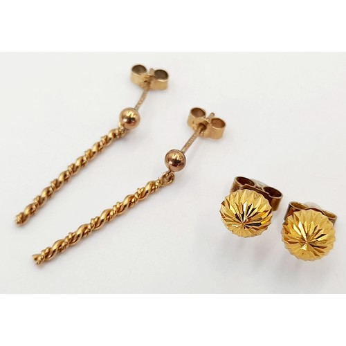 269 - Two Different Style Pairs of 9K Yellow Gold Earrings - Drop and stud. 1.6g total weight.