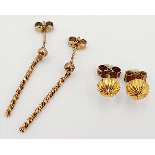 269 - Two Different Style Pairs of 9K Yellow Gold Earrings - Drop and stud. 1.6g total weight.