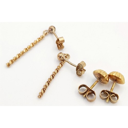 269 - Two Different Style Pairs of 9K Yellow Gold Earrings - Drop and stud. 1.6g total weight.