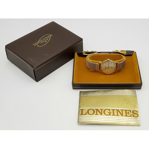 156 - A Vintage 9K Gold Longine Mechanical Watch. 9K Gold bracelet and case - 33mm. Patinaed cream dial wi... 