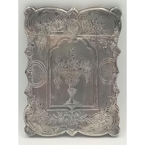 163 - A Victorian antique sterling silver card case with phenomenal floral motif hand-engravings. Full Bir... 