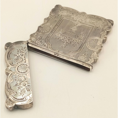 163 - A Victorian antique sterling silver card case with phenomenal floral motif hand-engravings. Full Bir... 