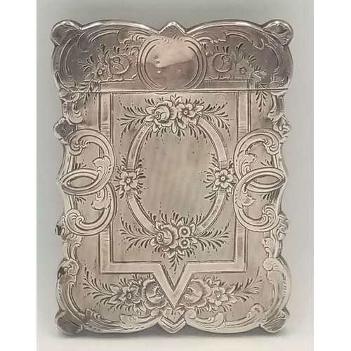 163 - A Victorian antique sterling silver card case with phenomenal floral motif hand-engravings. Full Bir... 