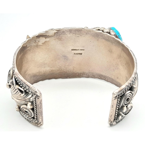 204 - A vintage designer ( Percy Spencer) sterling silver cuff bangle featuring Turquoise, blood coral and... 