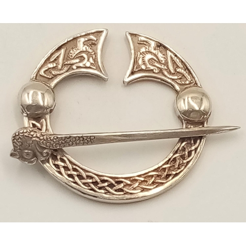 507 - A Vintage 1988, Scottish Hallmarked, Silver Celtic Zoomorphic Penannular Brooch, Hebridean Jewellery... 