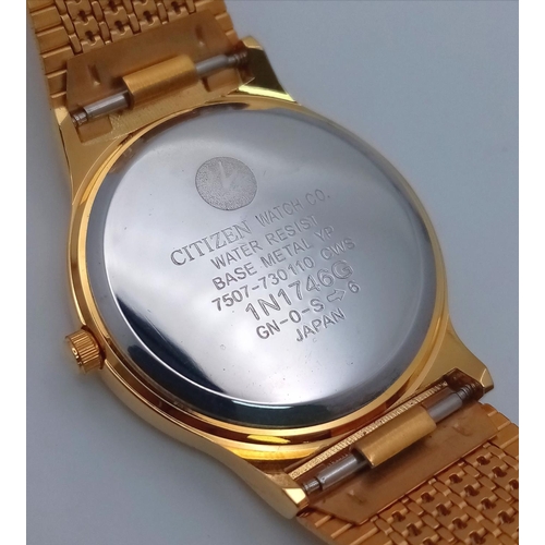 542 - An Gold Tone Citizen Quartz Date Watch. 35mm Case. New Battery Fitted July 2024. Full Working Order.