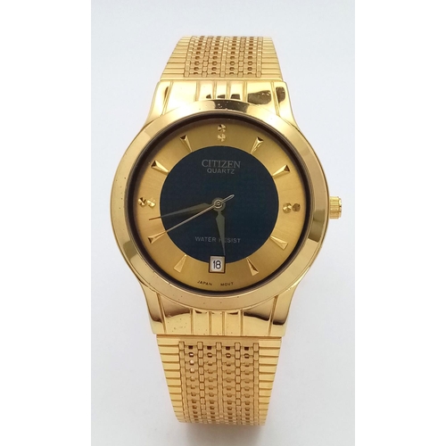 542 - An Gold Tone Citizen Quartz Date Watch. 35mm Case. New Battery Fitted July 2024. Full Working Order.