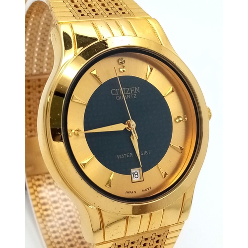 542 - An Gold Tone Citizen Quartz Date Watch. 35mm Case. New Battery Fitted July 2024. Full Working Order.