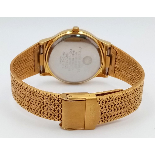 542 - An Gold Tone Citizen Quartz Date Watch. 35mm Case. New Battery Fitted July 2024. Full Working Order.