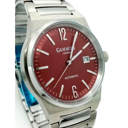 598 - A Gamages of London, Men’s Stainless Steel Automatic Date Watch Model ‘Debonair Red’. 45mm Case. Wit... 