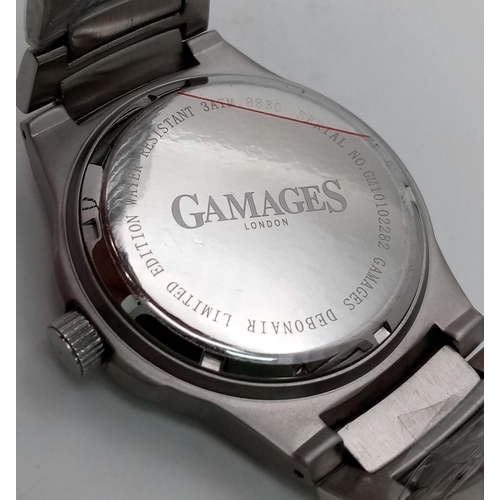 598 - A Gamages of London, Men’s Stainless Steel Automatic Date Watch Model ‘Debonair Red’. 45mm Case. Wit... 