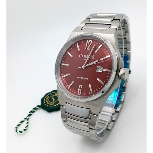 598 - A Gamages of London, Men’s Stainless Steel Automatic Date Watch Model ‘Debonair Red’. 45mm Case. Wit... 