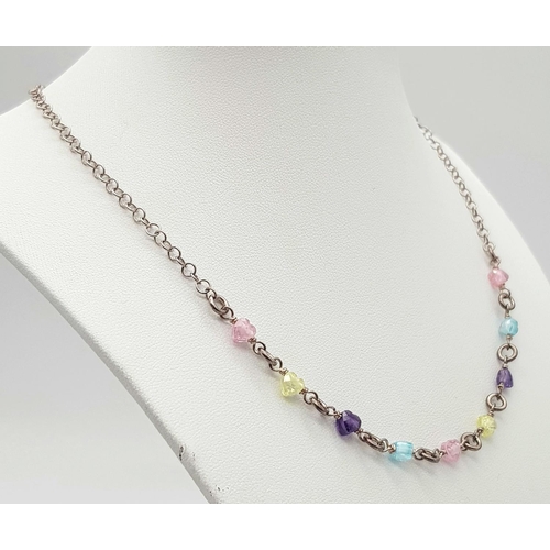 613 - A pretty 925 silver multi-colour crystals link necklace. Total weight 8.4G. Total length 42cm.