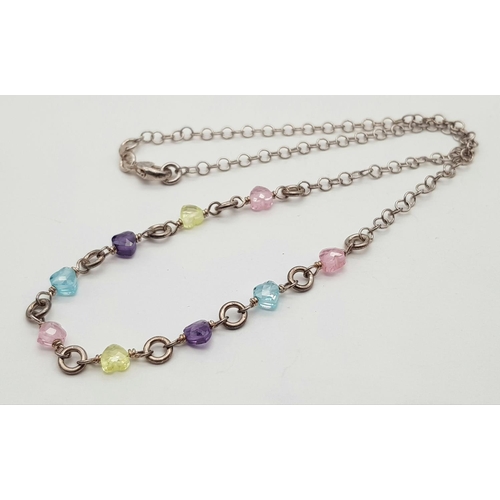 613 - A pretty 925 silver multi-colour crystals link necklace. Total weight 8.4G. Total length 42cm.