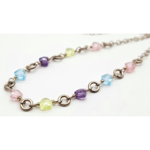 613 - A pretty 925 silver multi-colour crystals link necklace. Total weight 8.4G. Total length 42cm.