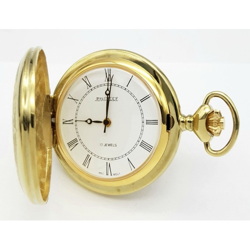 266 - A JEAN PIERRE HUNTER POCKET WATCH. Gold Tone. 17 jewels. Condition new and unused Manual winding. Fu... 