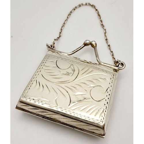 350 - Vintage SILVER PILL BOX in the form of a Purse. Having coloured enamel work to front, and Silver cha... 