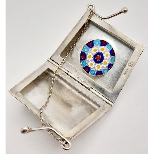 350 - Vintage SILVER PILL BOX in the form of a Purse. Having coloured enamel work to front, and Silver cha... 